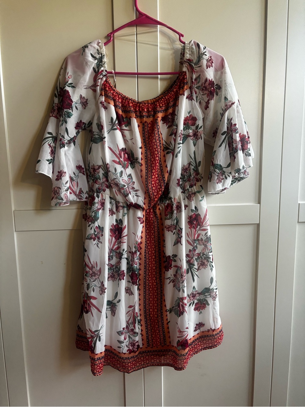 bailey blue White Floral Boho Dress with Pink and Orange Accents NWOT